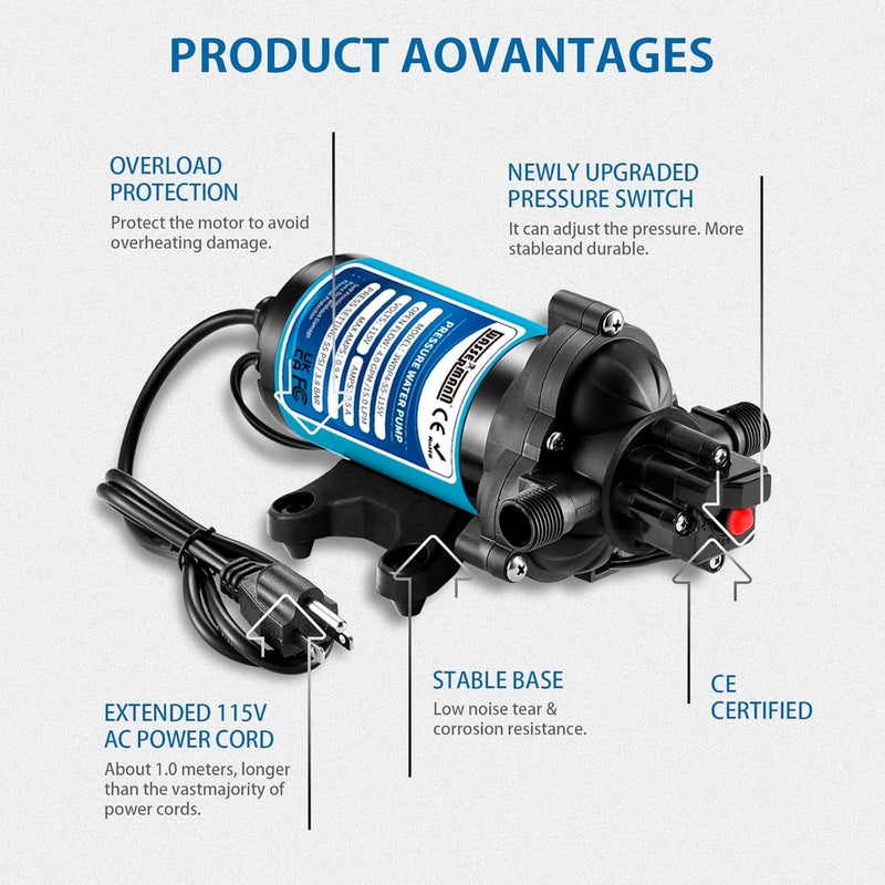 wassermann Water Pressure Pump 115 Volt AC 4.0GPM 55PSI,Water Pump Self Priming Diaphragm Pump with Pressure Switch for Kitchen Bathroom Marine Yacht Garden - Image 4
